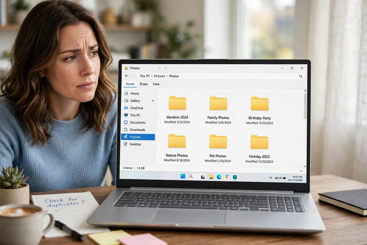 a real person at a desk looking at File Explorer on a Windows PC, photo folders showing plain yellow icons on the real monitor with fully legible folder names, the person looking puzzled.