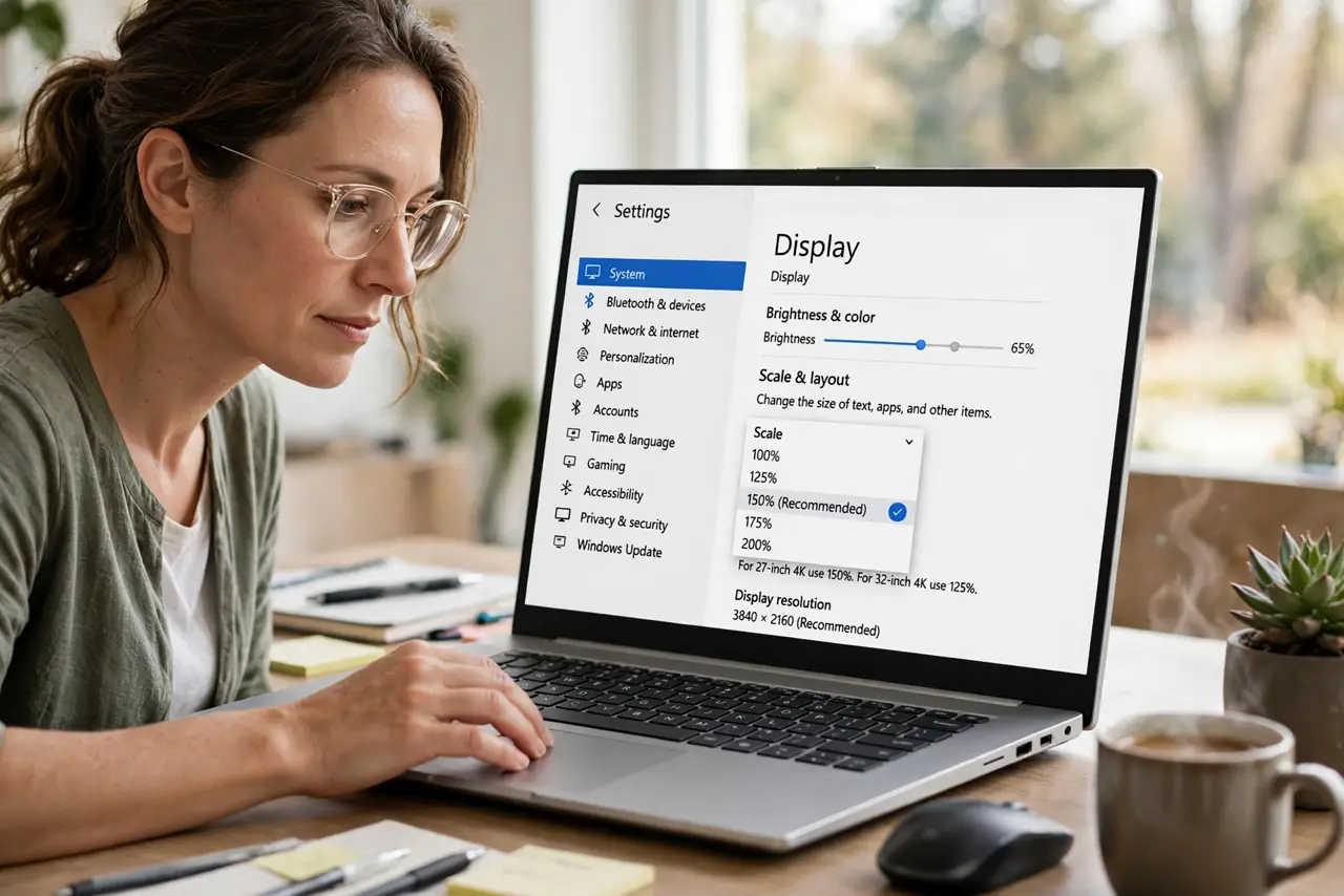 A person performing step 1 of the guide: Set the right scale percentage. Go to Settings > System > Display and choose Scale. For 27-inch 4K use 150%, for 32-inch 4K use 125% — th...