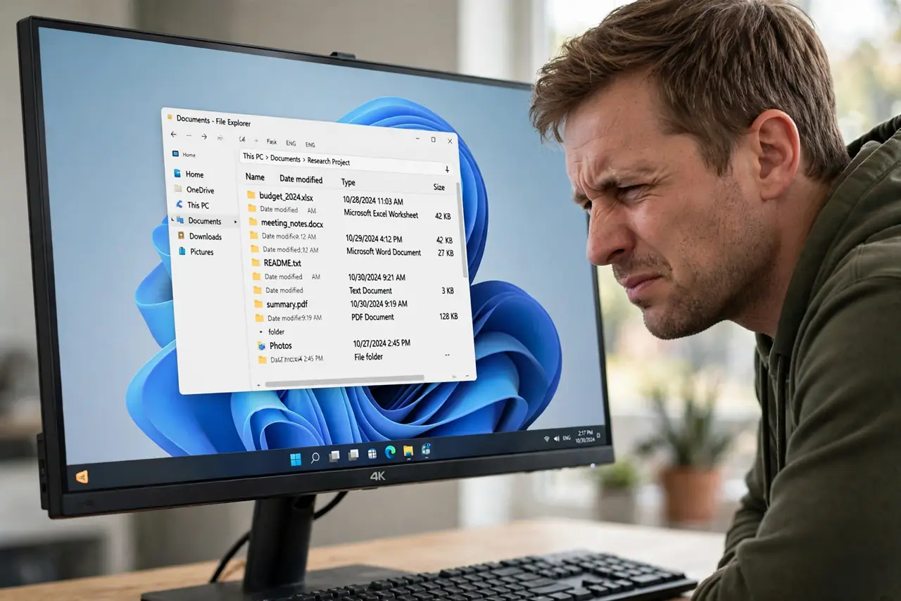 an adult leaning uncomfortably close to a real 4K monitor showing tiny but legible desktop text, the person squinting, a ruler-like sense of smallness.