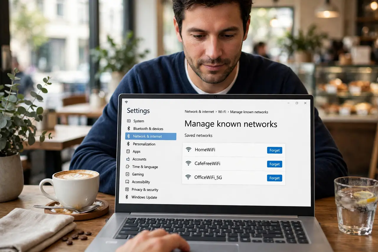 A person performing the first step: Open Manage known networks. Go to Settings > Network & internet > Wi-Fi > Manage.