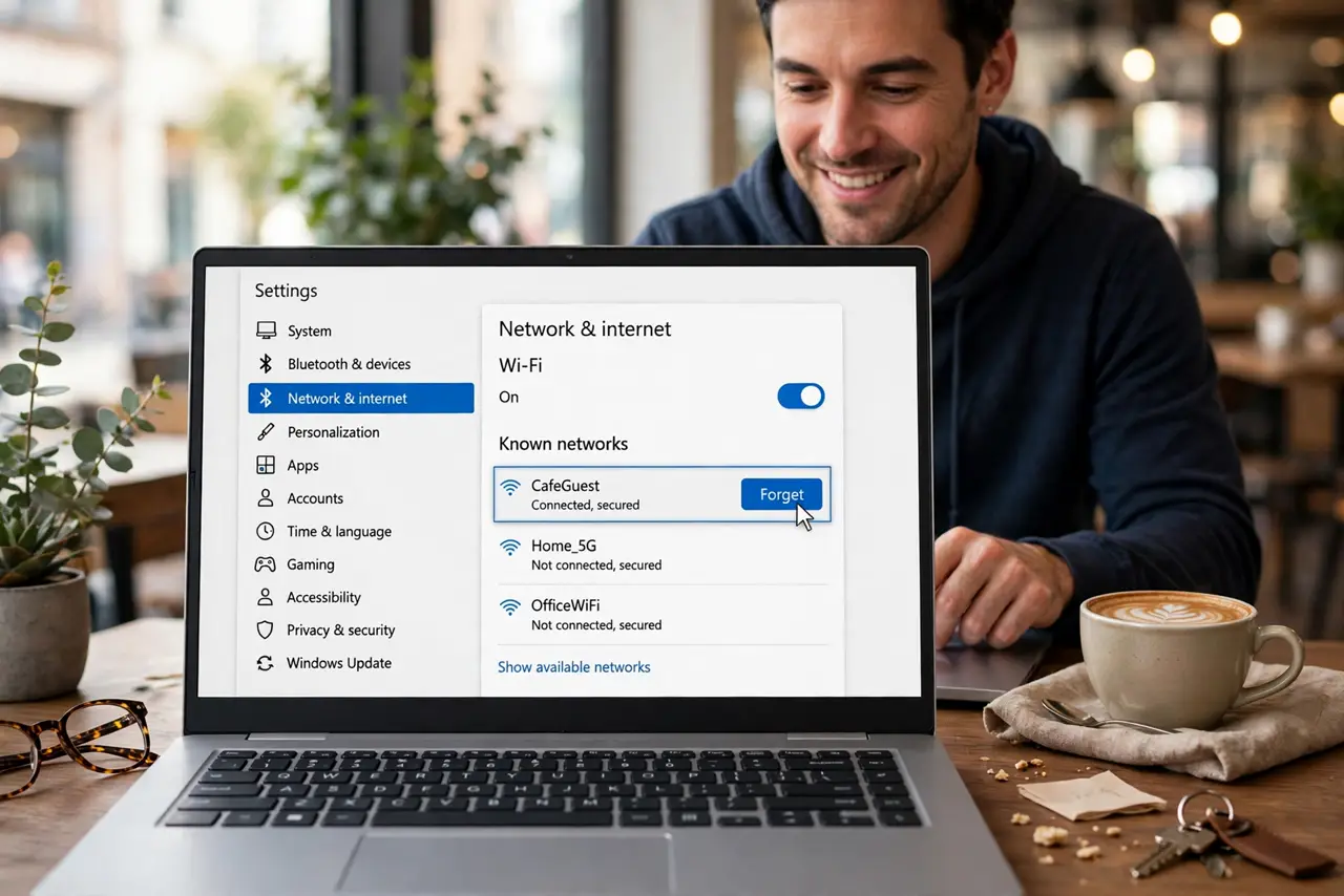 A person clicking Forget on a real Windows Wi-Fi network list with legible network names on a laptop screen, a coffee