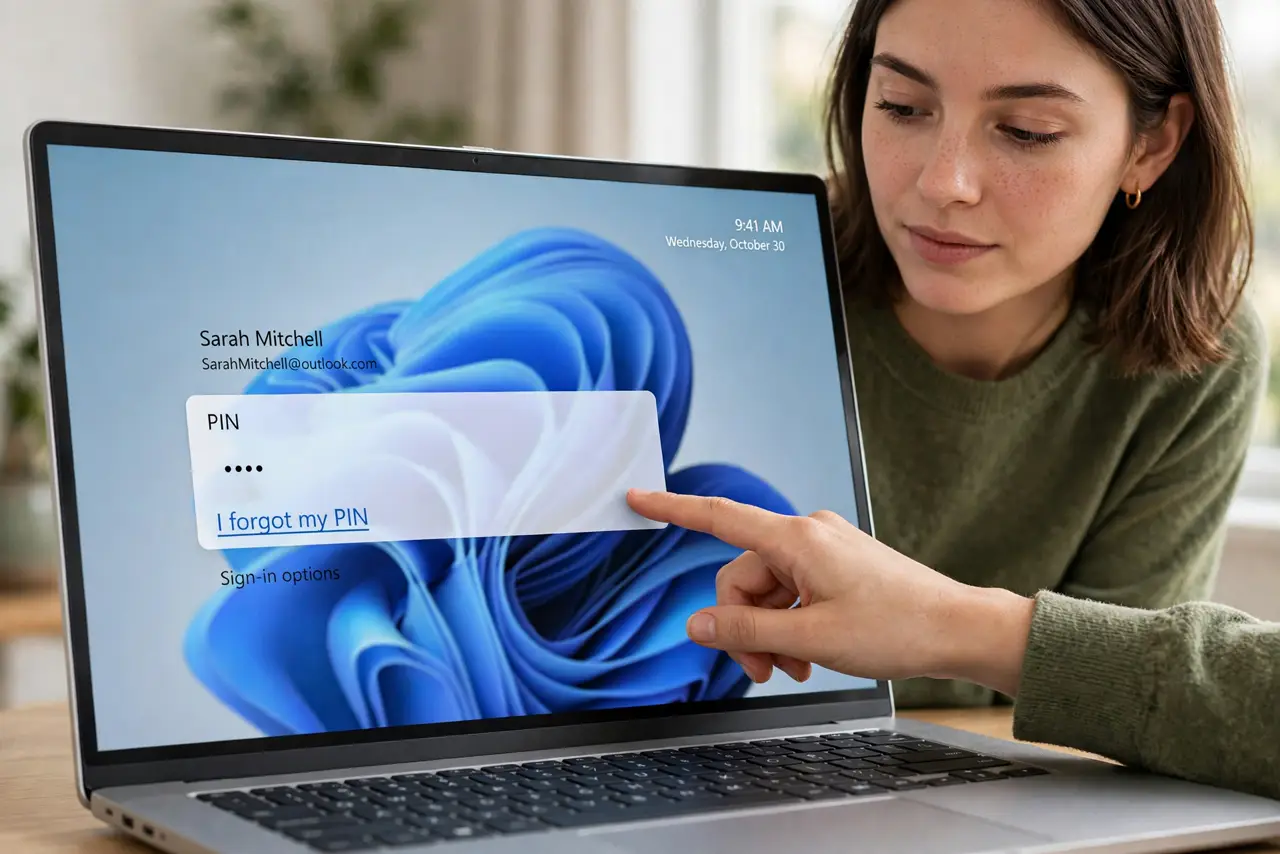 A person carrying out step one: use 'i forgot my pin.' on the login screen, click the 'i forgot my pin' link under the pin box.