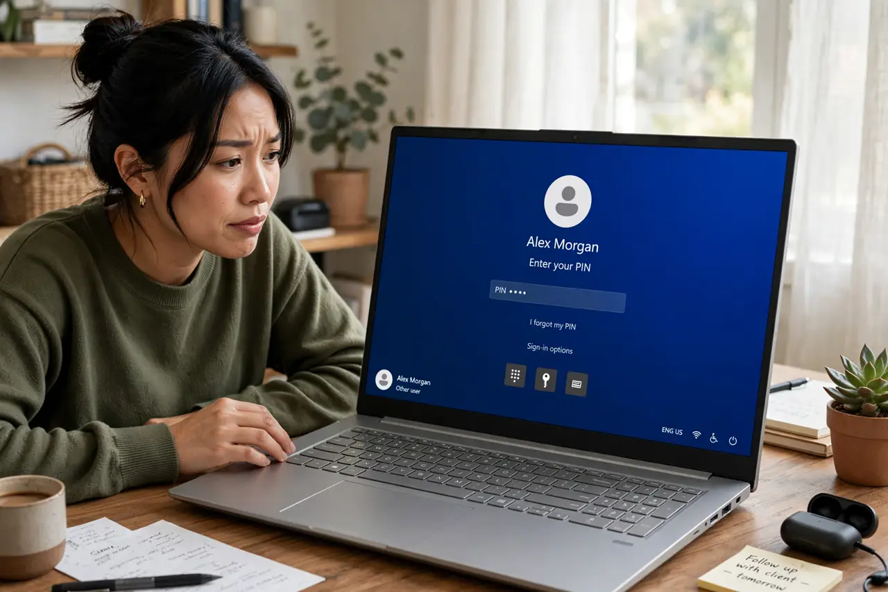 A person sitting at a real desk looking at a real Windows login screen showing the PIN entry prompt legible, the person's face frustrated but hopeful, home…