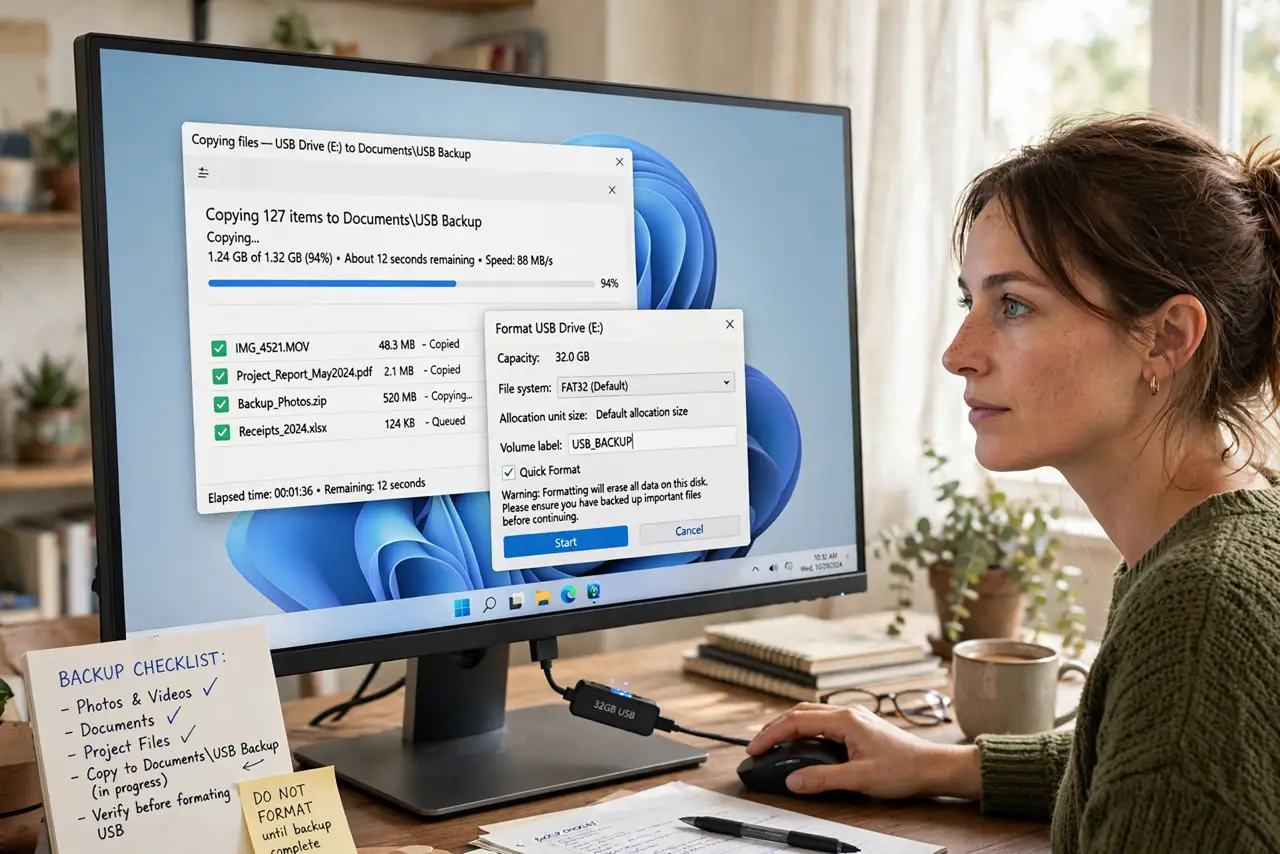 A person performing the first step: Back up anything you want to keep. Formatting erases the entire drive — every file.