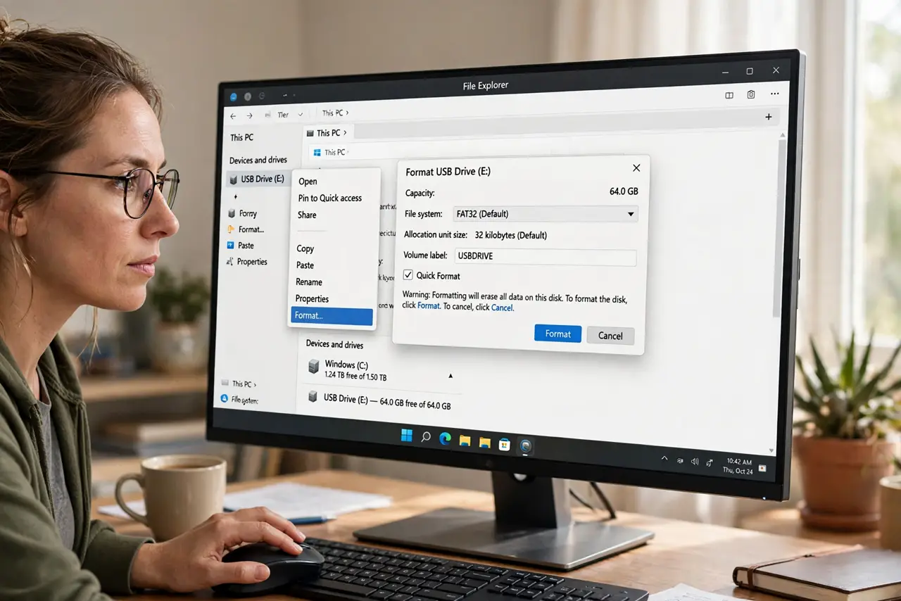A person right-clicking a USB drive in File Explorer with the Format option highlighted and the Format dialog legible