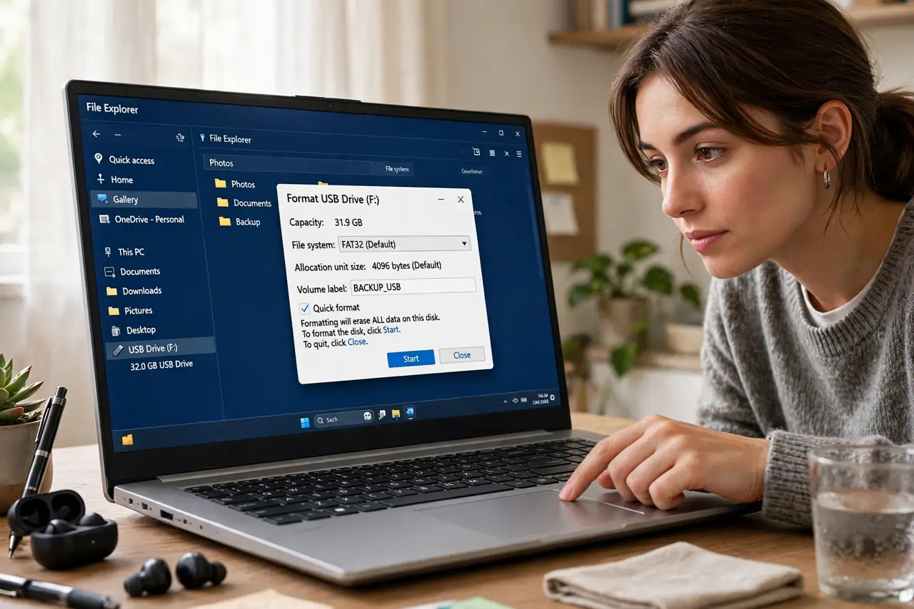 A person right-clicking a real USB drive in Windows File Explorer with the Format dialog open and legible, the person's face careful, home office.