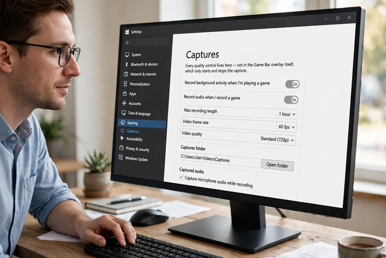 A person performing step 1: Open the Captures settings. Go to Settings, then Gaming, then Captures. Every quality control lives here — not.