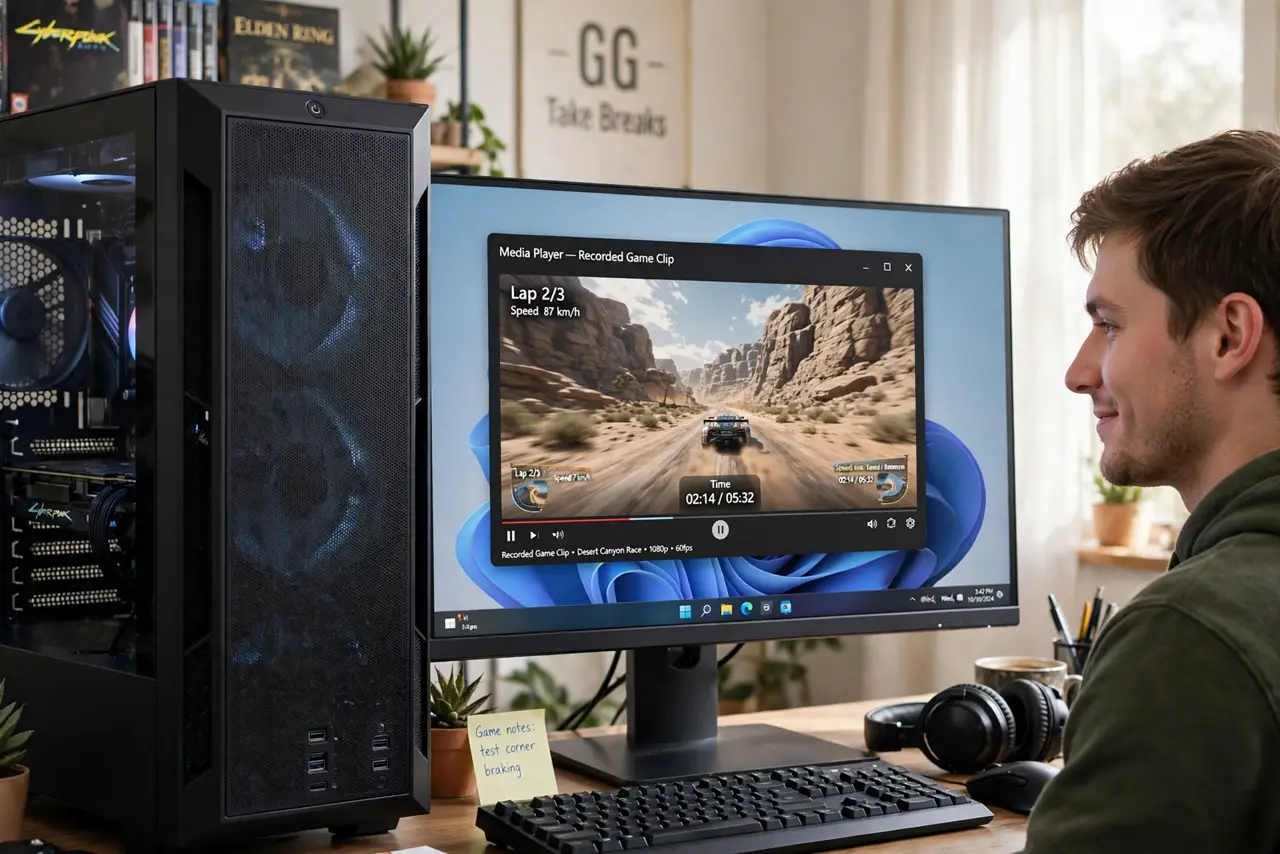 A person at a real Windows PC watching a recorded game clip on a real monitor with legible sharp gameplay footage, the person's face pleased, gaming room with.