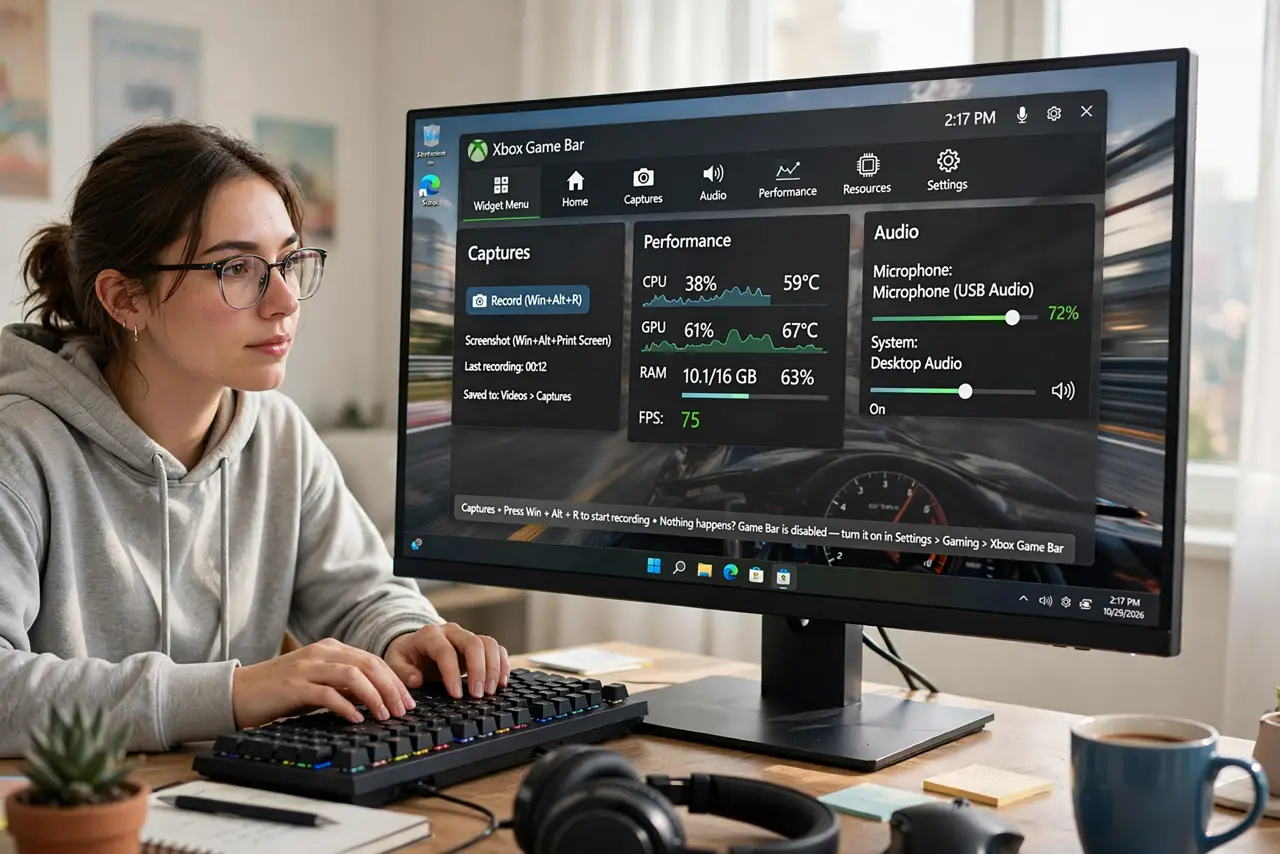 A person performing step 1: Open Game Bar with Win+G. Press the Windows key plus G while in a game. The overlay appears over your game — i.
