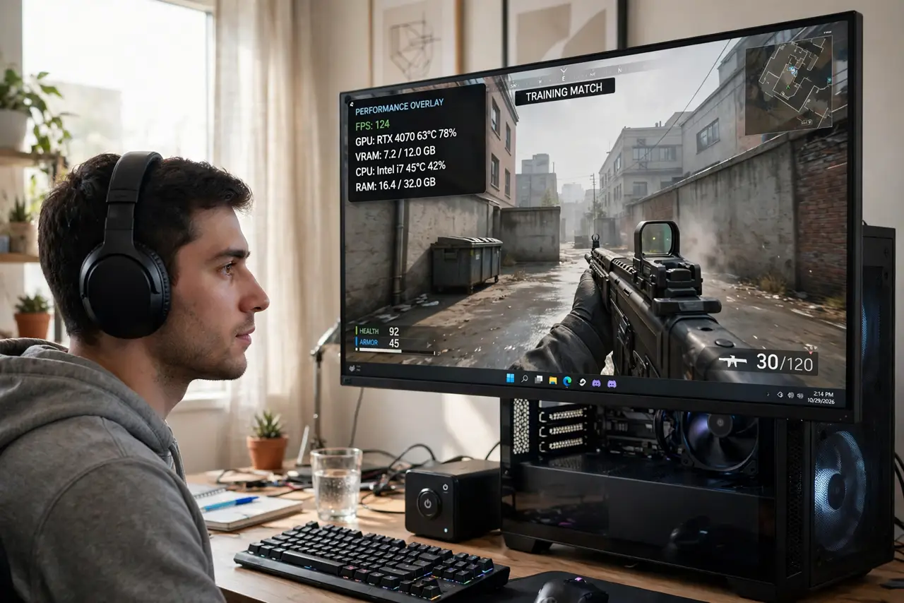 A person gaming on a real Windows PC, the real monitor large in frame showing a game with a legible pinned performance overlay showing FPS and GPU stats,.