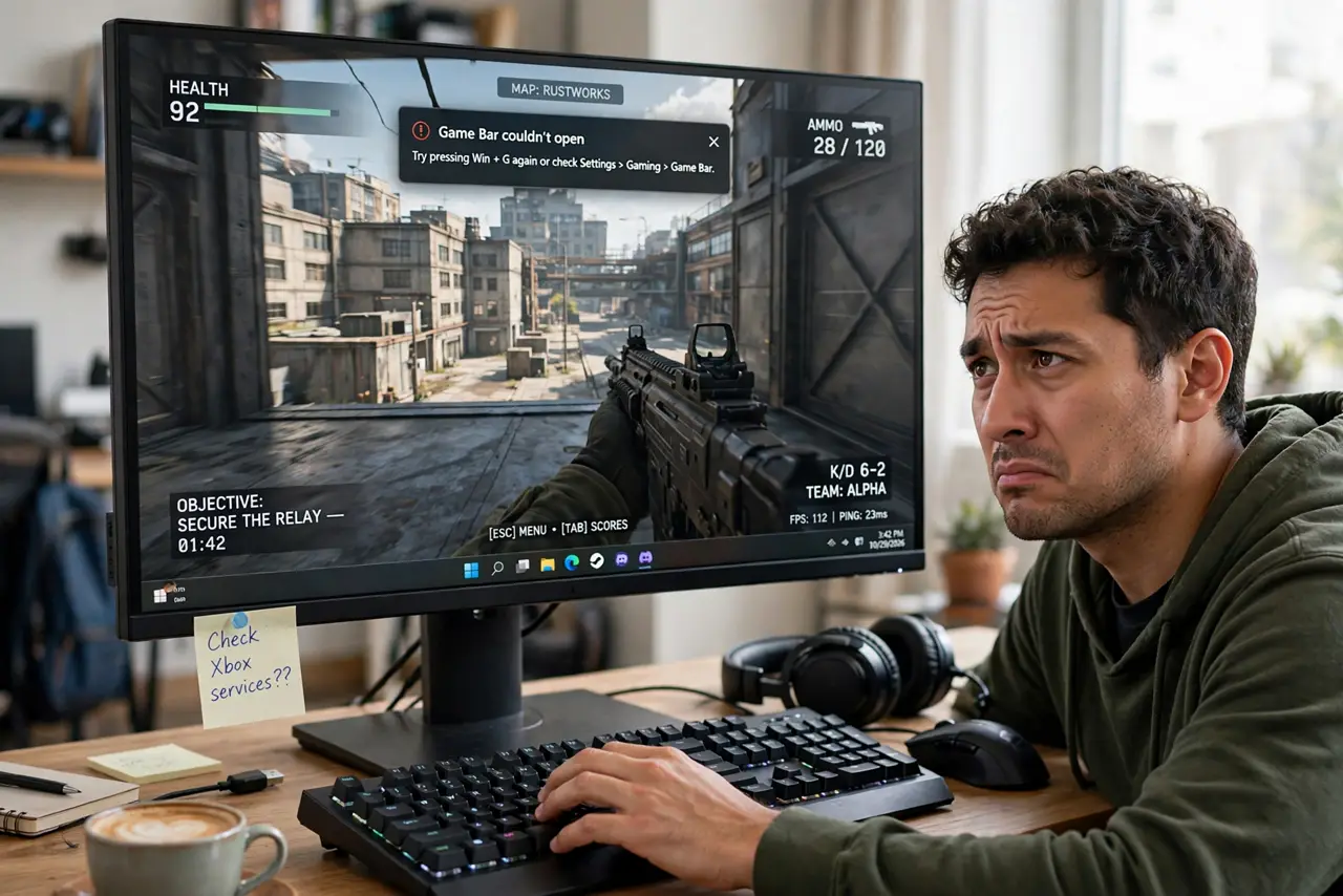 a real person at a desk pressing keys on a keyboard in front of a Windows gaming PC, the Game Bar overlay failing to appear on the real monitor showing a game with fully legible interface text, the person looking frustrated.