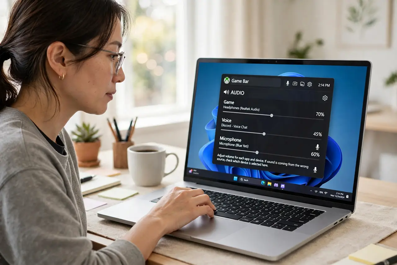 A person performing step 1 of the guide: Open the Game Bar audio widget. Press Win+G and open the Audio widget. It shows separate sliders for game, voice, and microphone sources,...