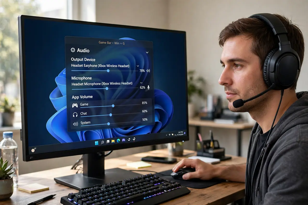 a real person wearing a headset at a desk in front of a Windows gaming PC, the Game Bar audio widget visible on the real monitor with fully legible device names, the person adjusting the settings with a focused expression.