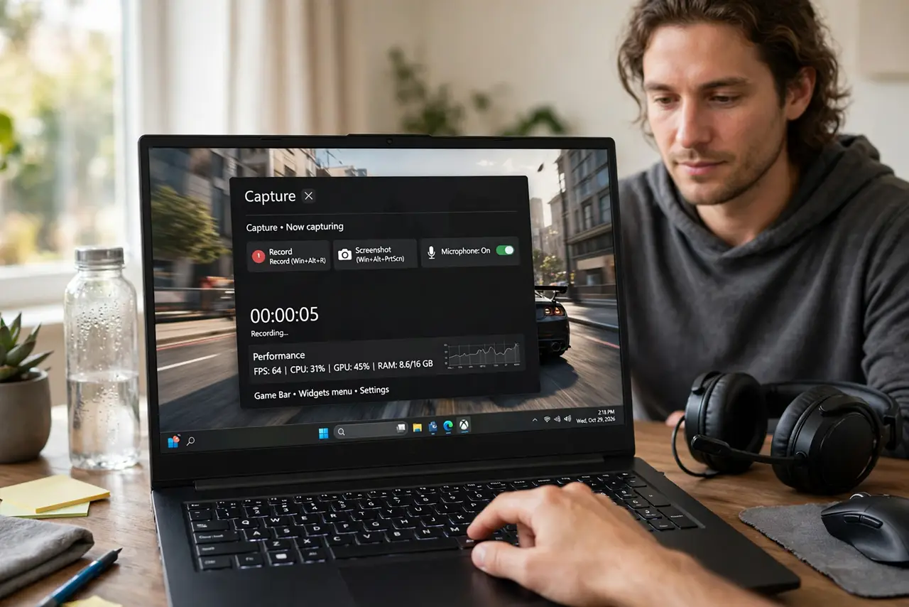 Photoreal photo of a person performing the first step: Open the Game Bar to see the controls. Press Windows key + G during a game. The overlay shows r