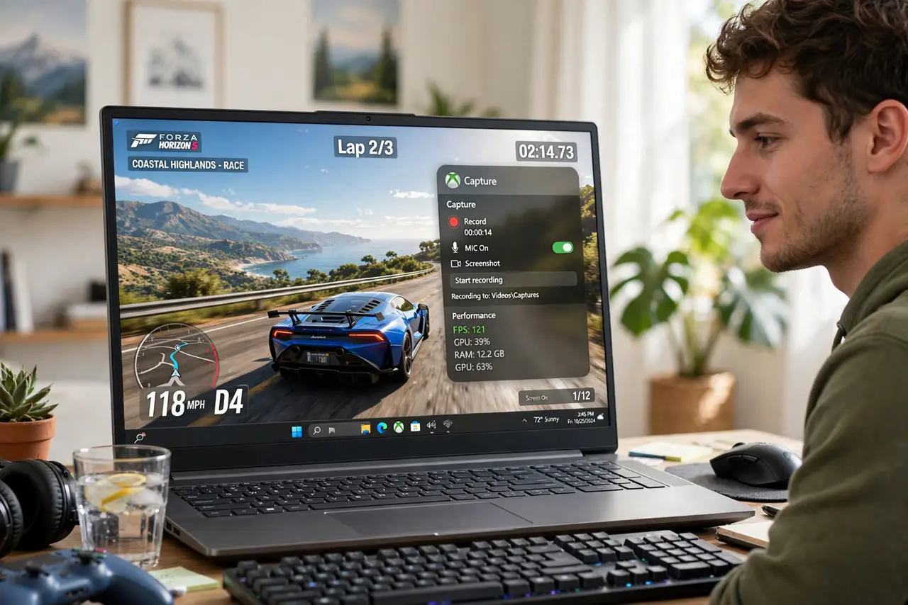 Photoreal photo: a person gaming on a real Windows PC, the screen showing a real game with the Xbox Game Bar overlay and legible record controls visible, the person's face engaged, gaming desk setup. No black screen, no blank white sc