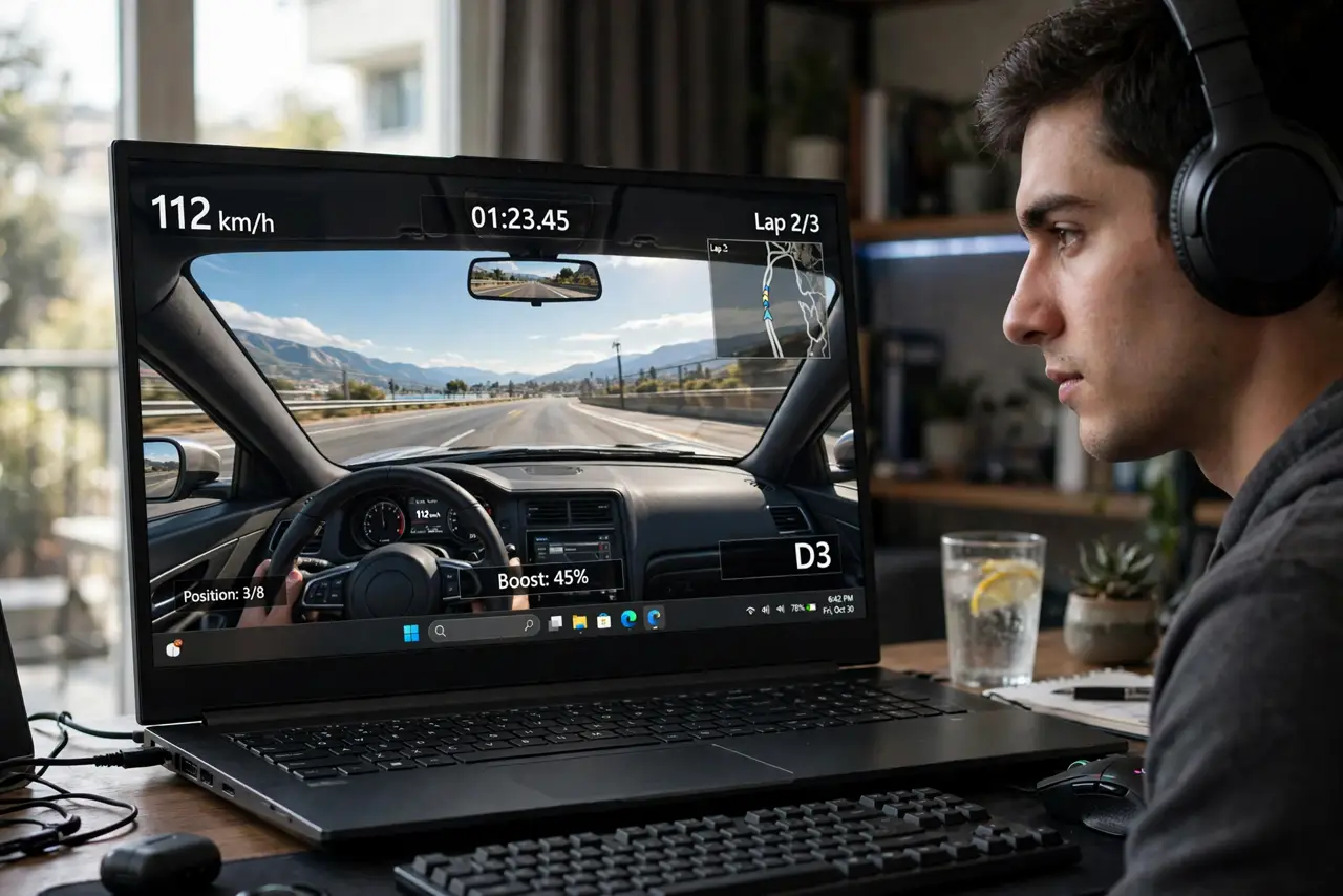 a person playing a real PC game on a Windows computer, the game running smoothly on screen, the person's face engaged and focused, dim gaming setup. No black screen, no blank white.