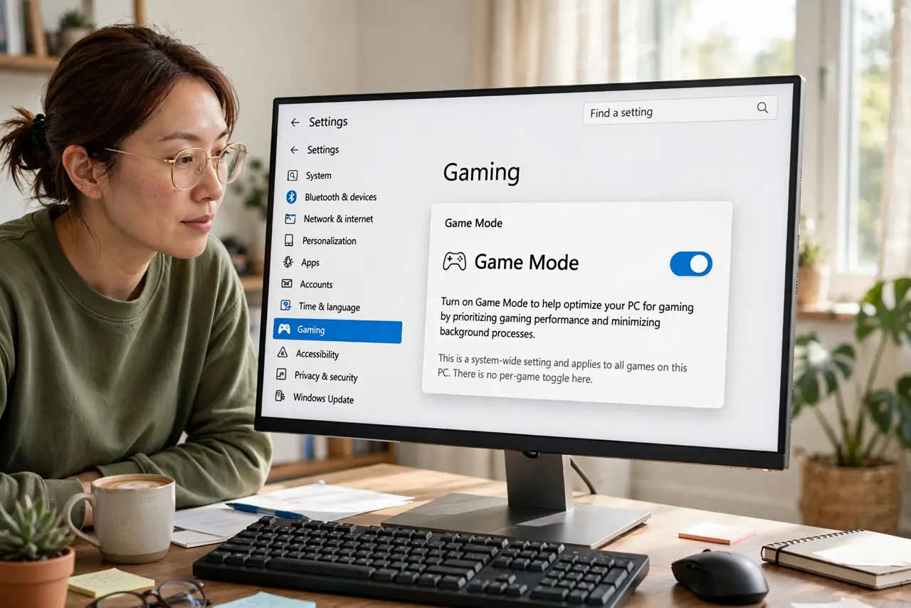 A person performing step 1: Find the Game Mode toggle. Open Settings, then Gaming, then Game Mode. One switch, system-wide — there is no p.