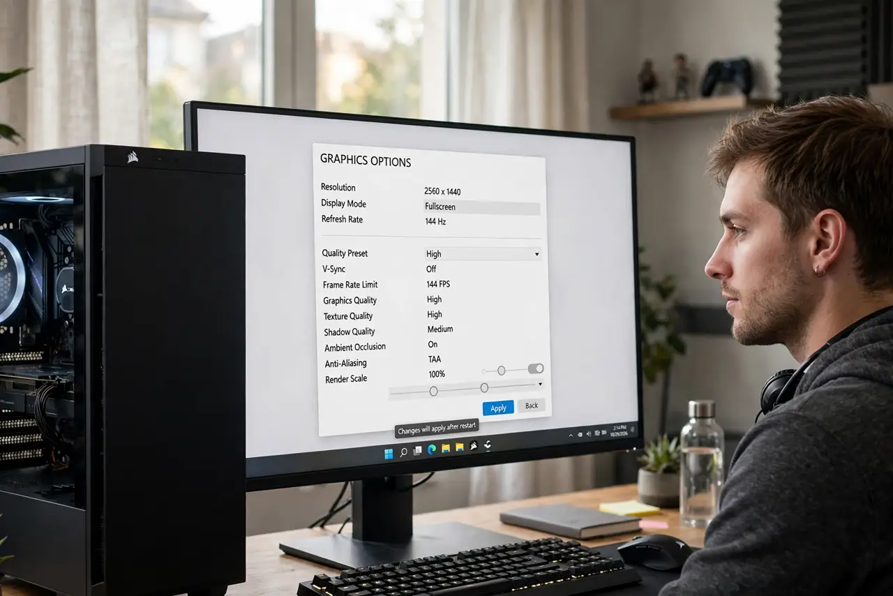 A person gaming on a real Windows PC with a real monitor showing a game settings screen with legible graphics options, the person's face analytical, gaming room with.