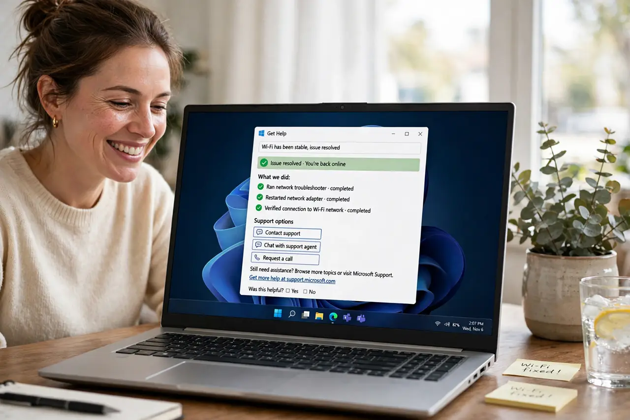 a person at a real Windows PC with the Get Help app open showing legible support options, the person's face relieved. No black screen, no blank white screen, no fake or garbled scr.