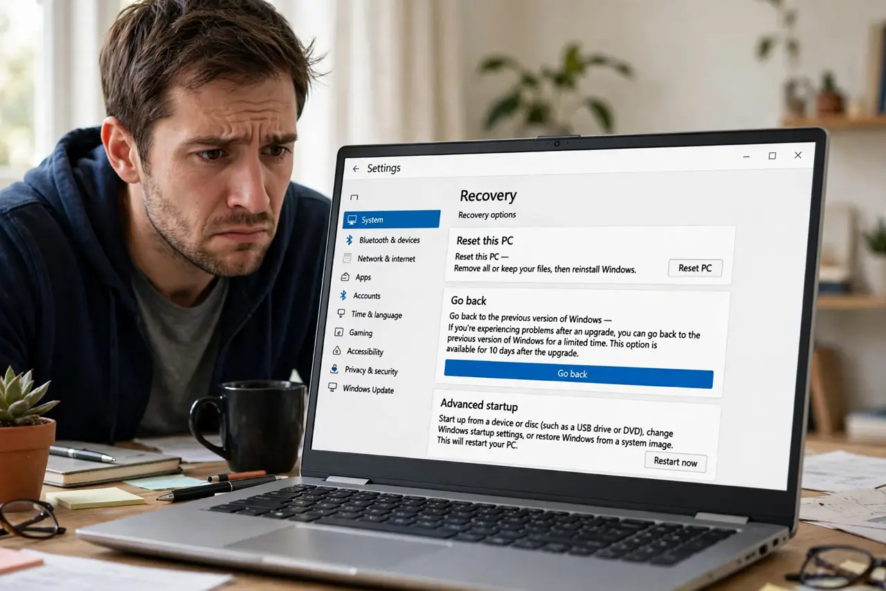 a frustrated person looking at a real Windows PC showing the Recovery settings screen with a legible Go back option, the person's face worried but hopeful, h...