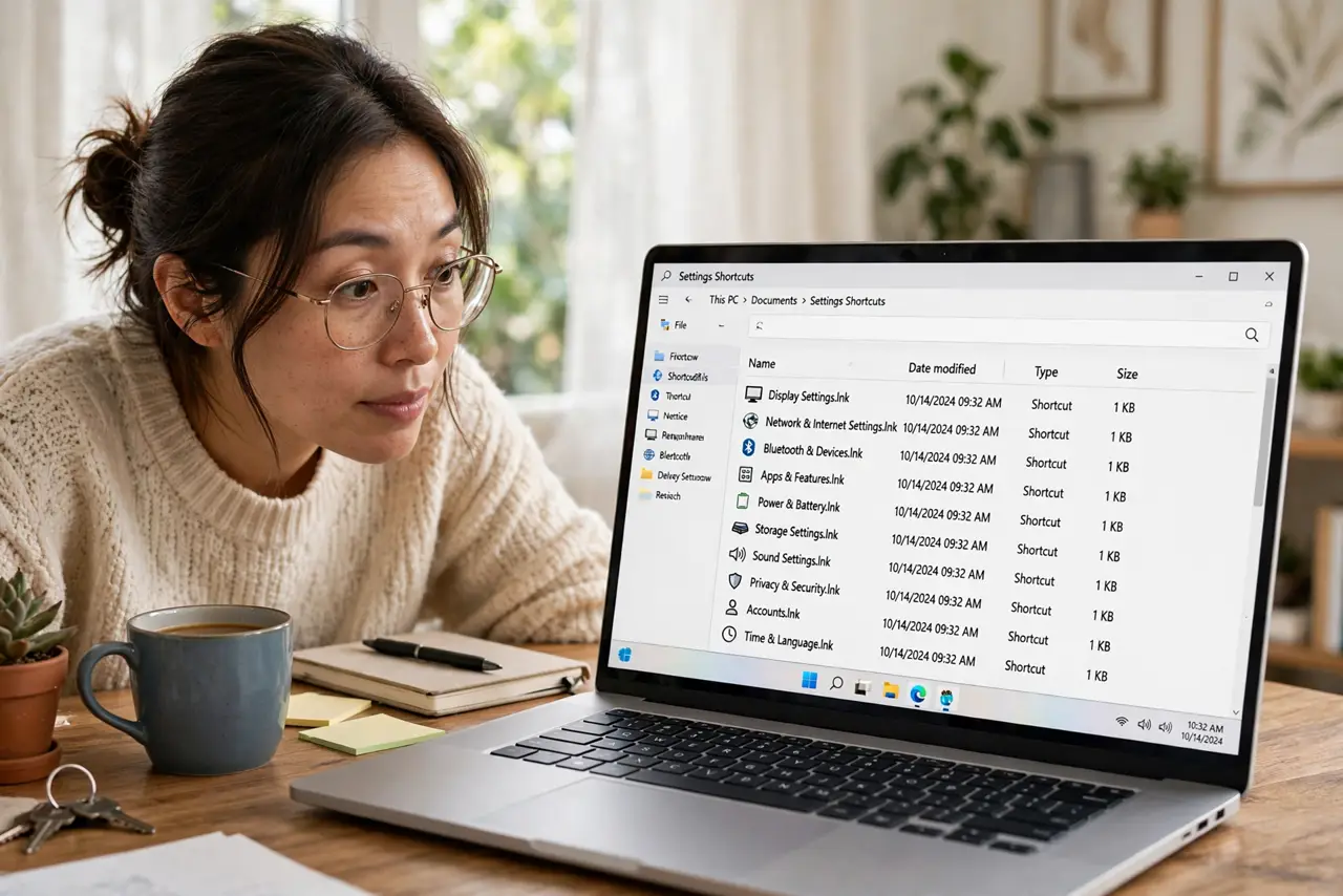A person looking at a real Windows laptop showing a folder full of legible settings shortcuts, the person's face curious, home office.