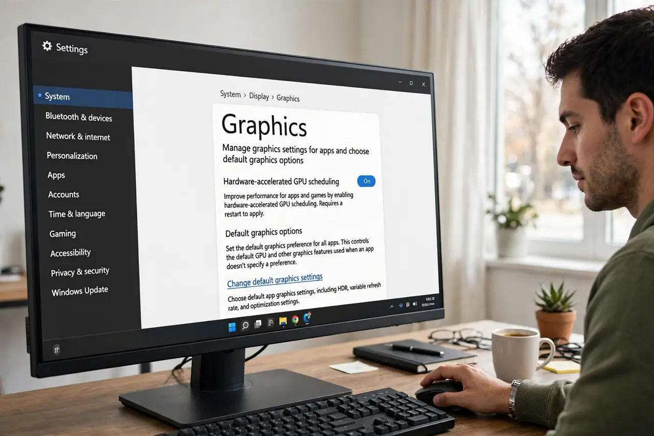 A person performing step 1: Open the graphics settings page. Go to Settings, System, Display, then Graphics. At the bottom of that page, c.