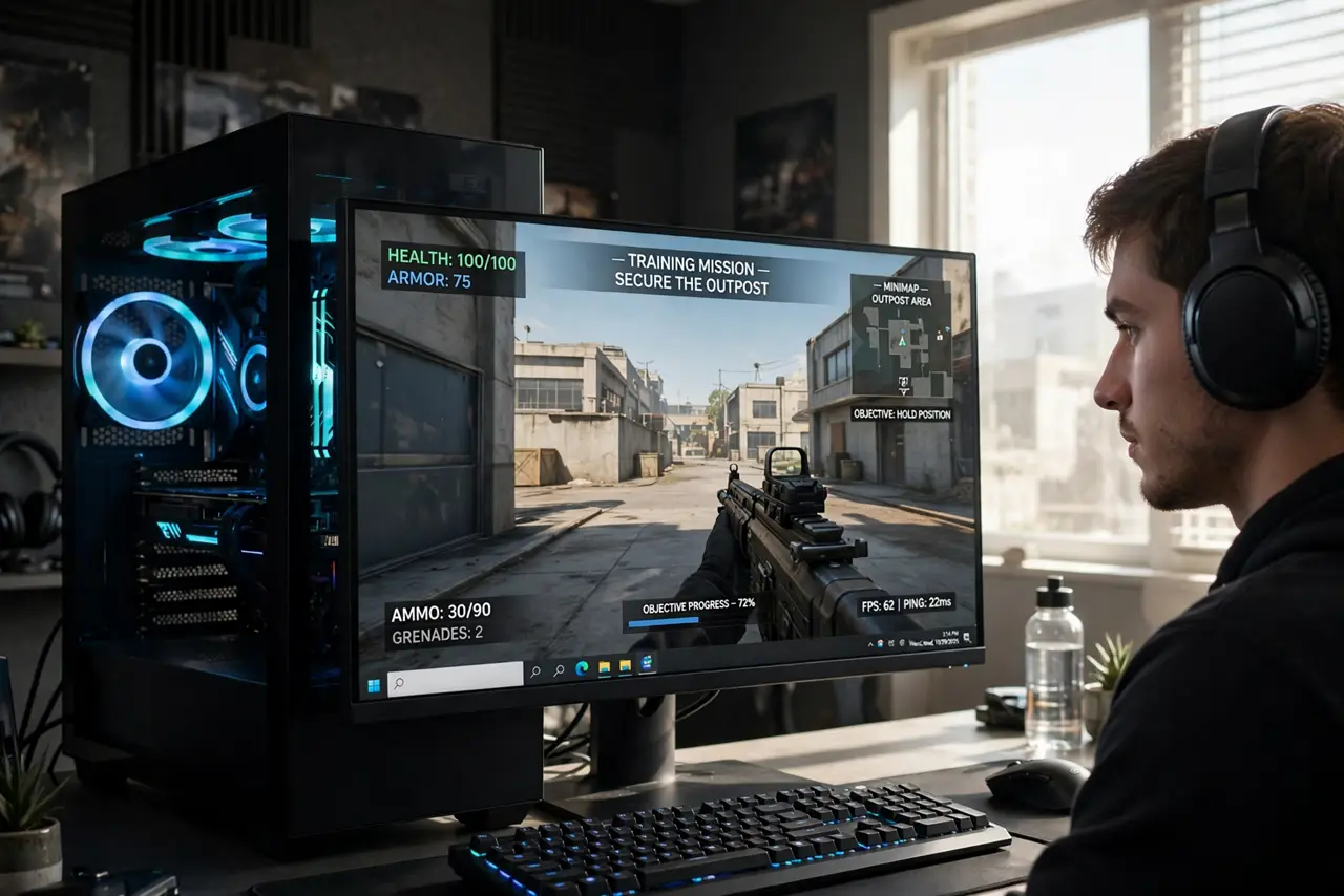A person gaming on a real Windows PC with a game running smoothly on the monitor with legible HUD elements, the person's face engaged, dim gaming room with.