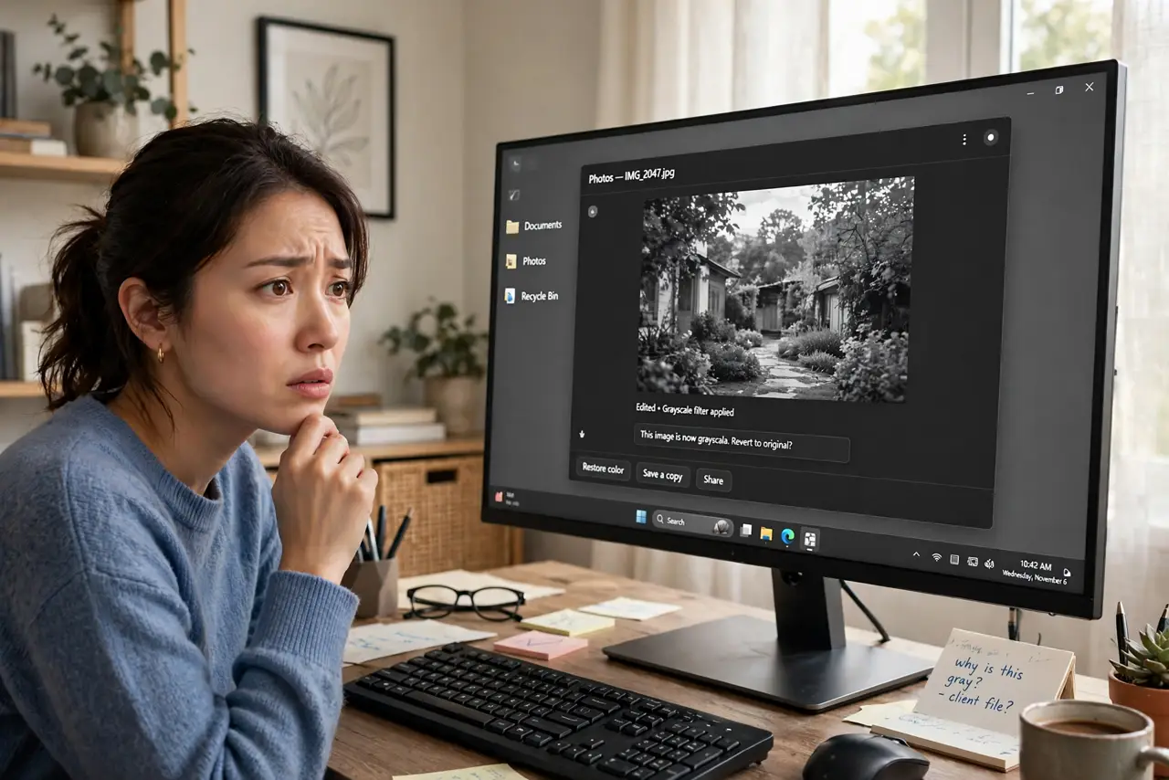 A person at a real Windows 11 PC looking puzzled at a monitor showing a grayscale desktop with a color photo turned gray, fully legible, the person's face concerned, home office.