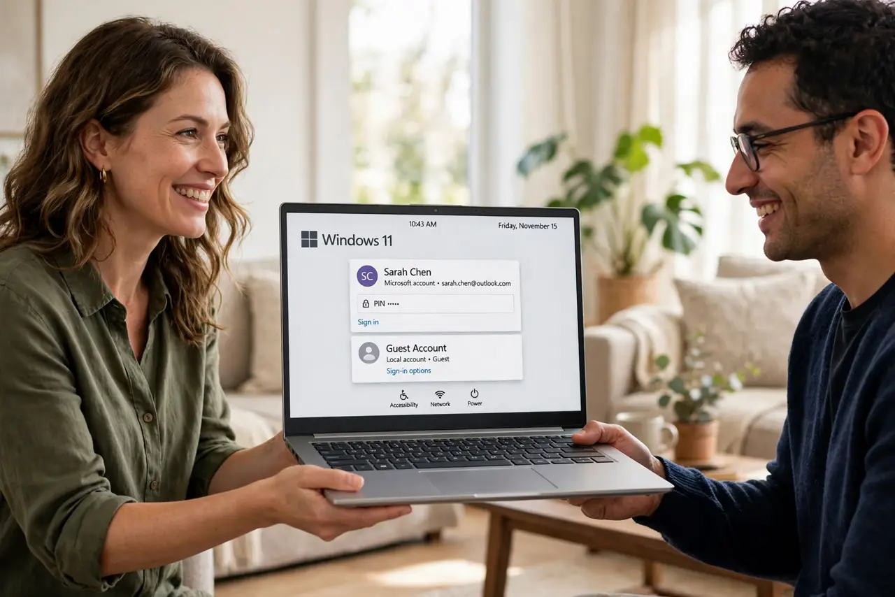 A host handing a real Windows laptop to a guest, the screen showing the Windows sign-in screen with account choices fully legible, both people friendly, living room.