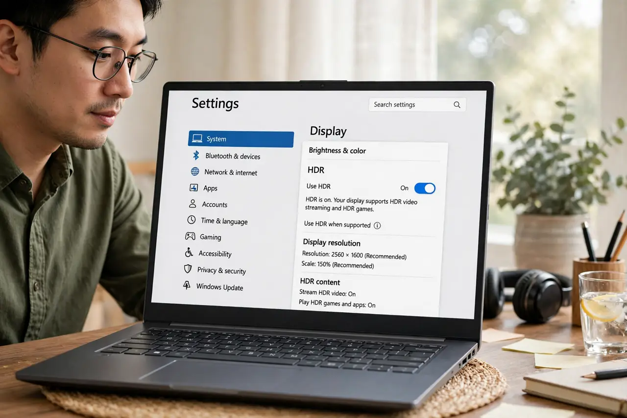 Photoreal photo of a person performing the first step: Confirm your display actually supports HDR. Check Settings > System > Display > HDR — Window...