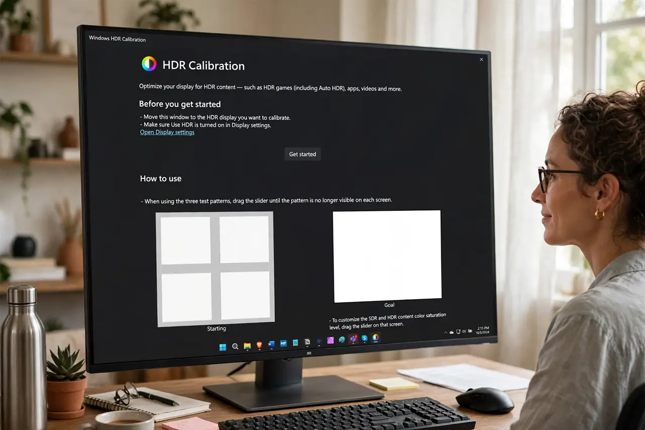 Photoreal photo: a person sitting in front of a real monitor showing the Windows HDR Calibration app with brightness test patterns legible on screen, the room dimmed, the person's face concentrated, home office. No...