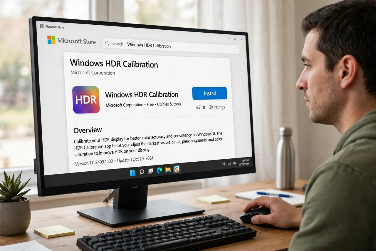 A person performing step 1: Install the Windows HDR Calibration app. Get the free 'Windows HDR Calibration' app from the Microsoft Store —.