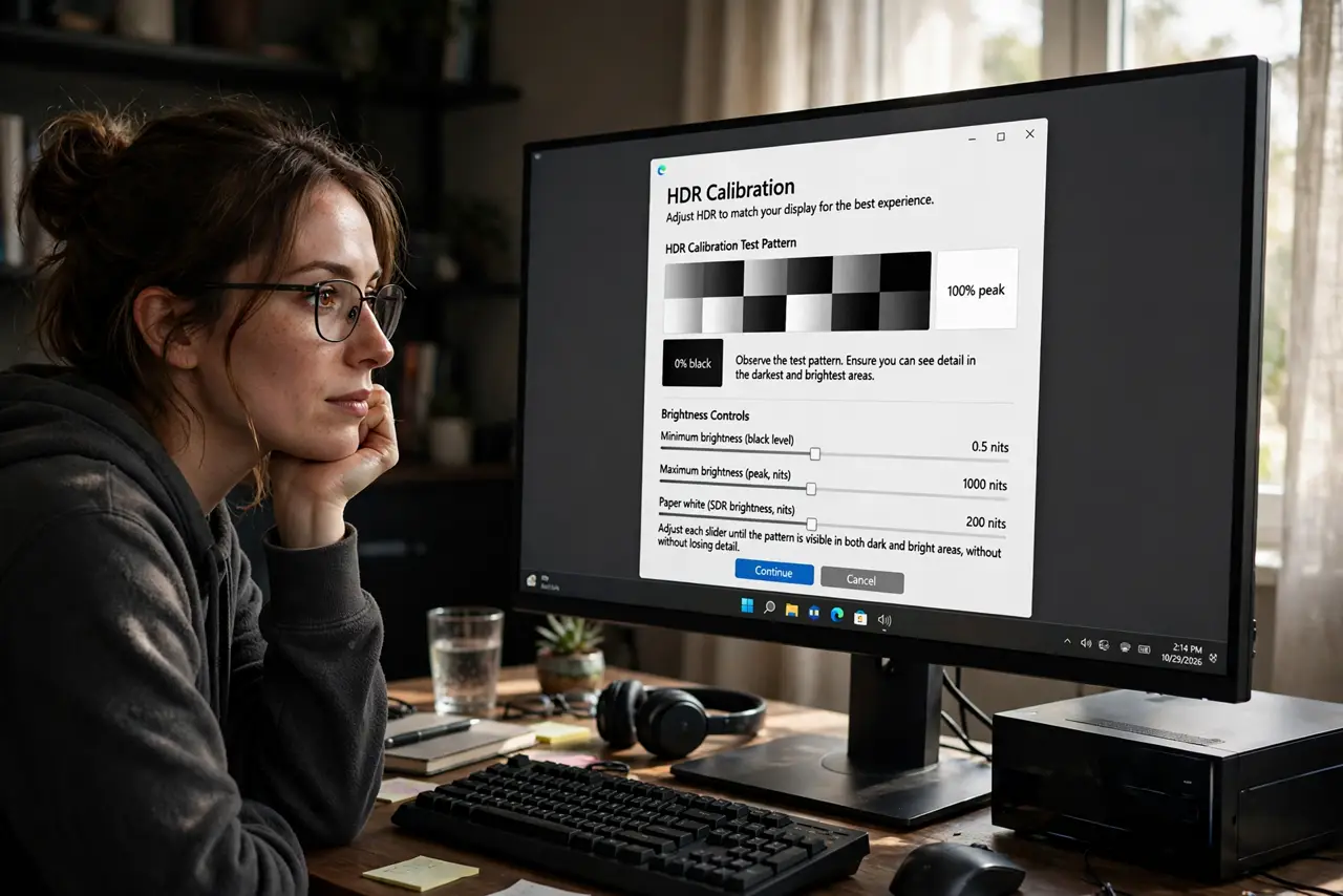 A person using a real Windows PC showing the HDR calibration app with test patterns and sliders legible on screen, the person's face concentrated, dim room.