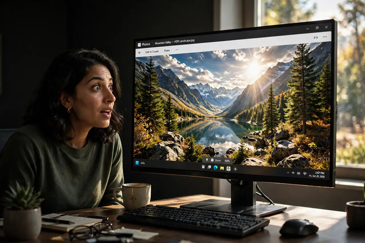 A person sitting at a real desk looking at a real Windows monitor showing a vivid HDR nature scene with bright highlights legible, the person's face impressed,…