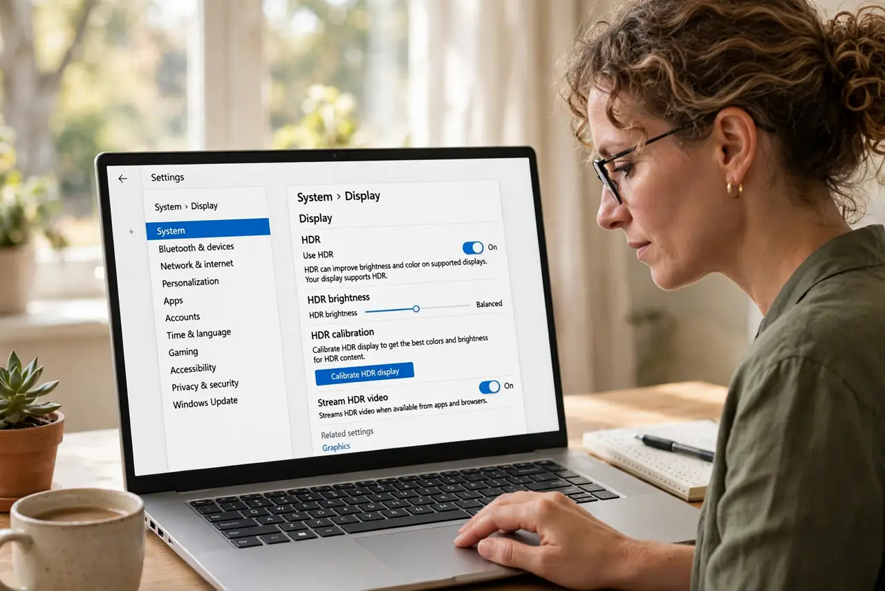 A person performing step 1 of the guide: Open the HDR settings page. Go to Settings > System > Display and select HDR. This page holds the per-display HDR toggle and the calibrat...