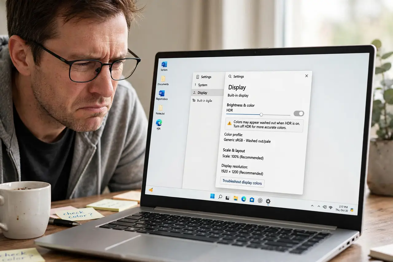 a disappointed adult looking at a real Windows monitor with washed-out pale colors on the desktop, fully legible text on screen, the person squinting at it.