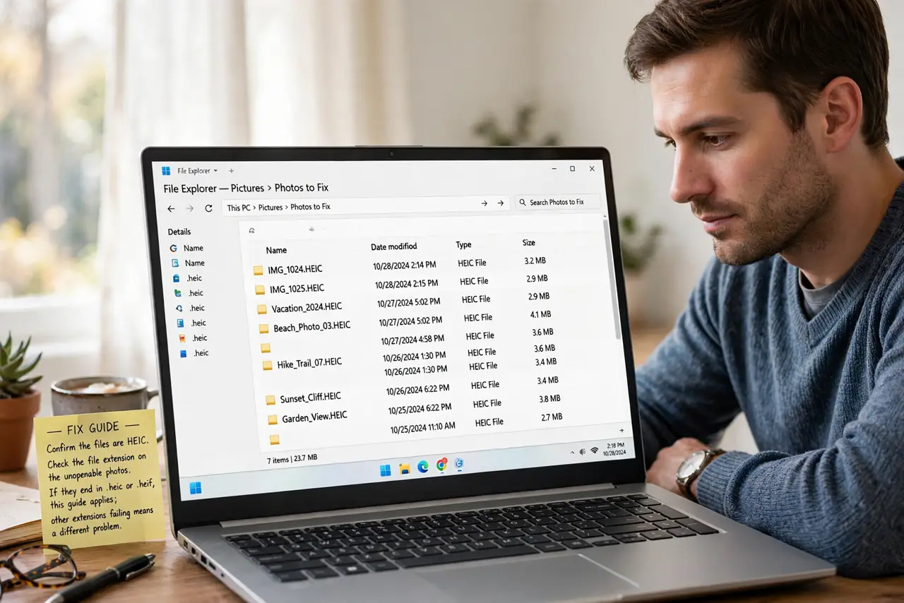A person performing step 1 of the guide: Confirm the files are HEIC. Check the file extension on the unopenable photos. If they end in .heic or .heif, this guide applies; other e...