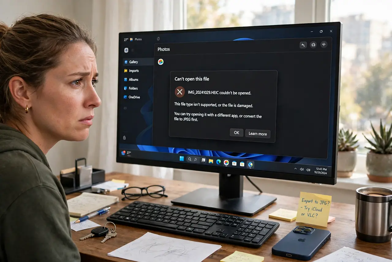 a real person at a desk looking at the Windows Photos app on a real monitor, an HEIC photo failing to open with a fully legible error message, an iPhone lying on the desk beside the keyboard, the person looking puzzled.