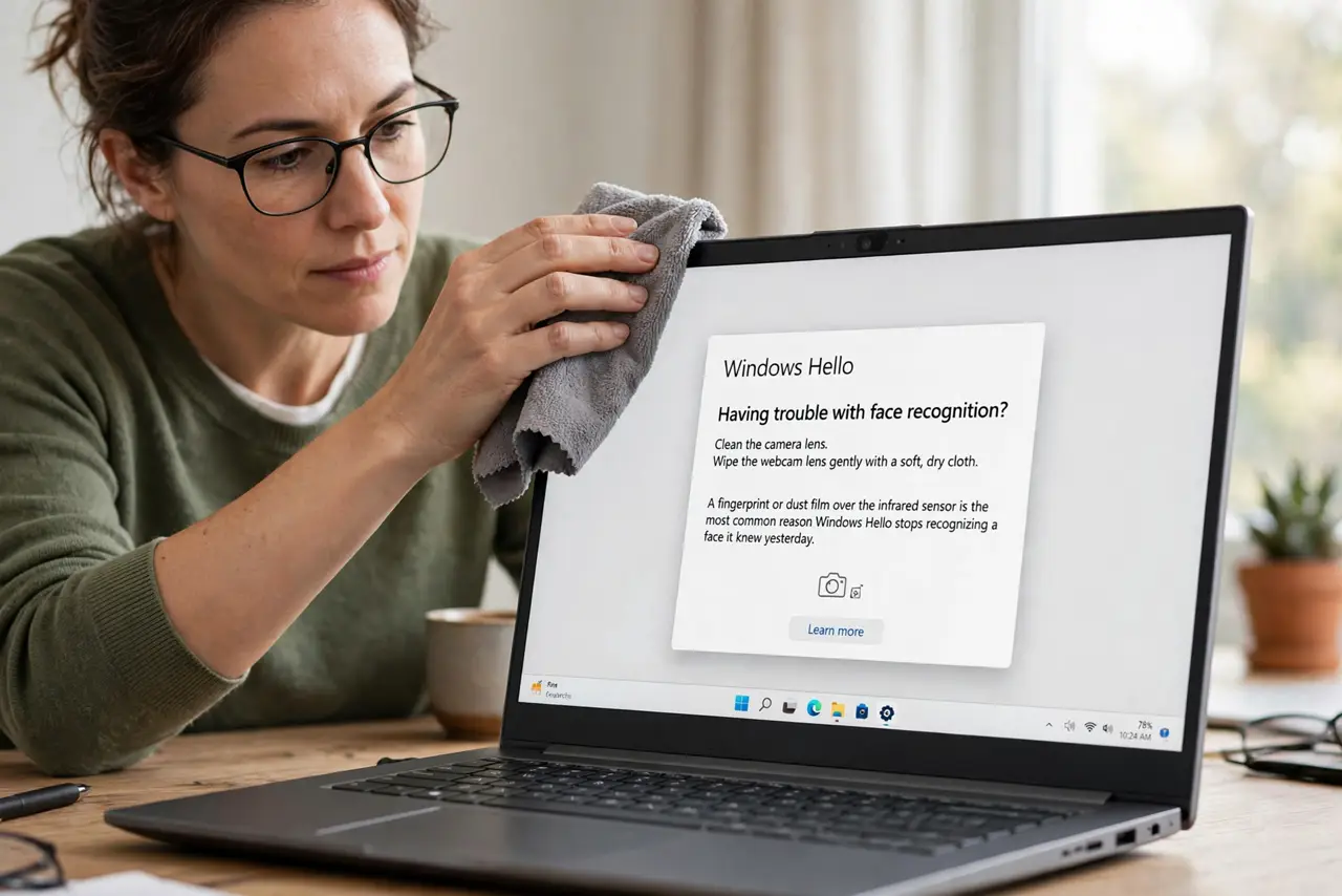 A person performing step 1 of the guide: Clean the camera lens. Wipe the webcam lens gently with a soft, dry cloth. A fingerprint or dust film over the infrared sensor is the mos...