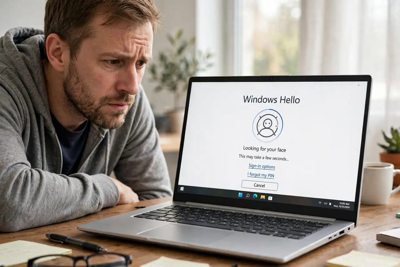 a puzzled adult leaning toward a real Windows laptop, the screen showing the Windows Hello face sign-in prompt with fully legible text, soft daylight from a window.