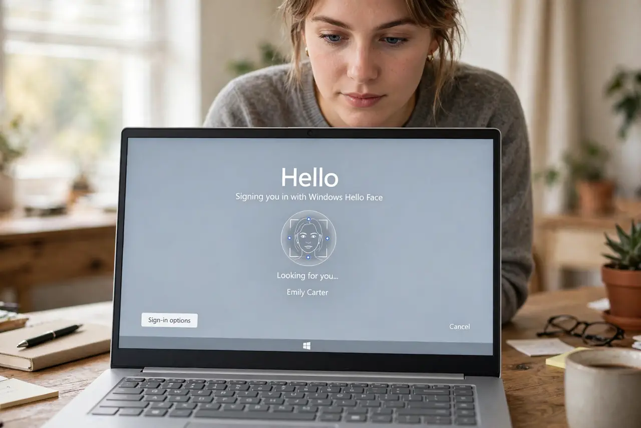 a person signing into a real Windows laptop with face recognition, the login screen showing a legible Hello prompt, the person's face neutral and calm, home office.