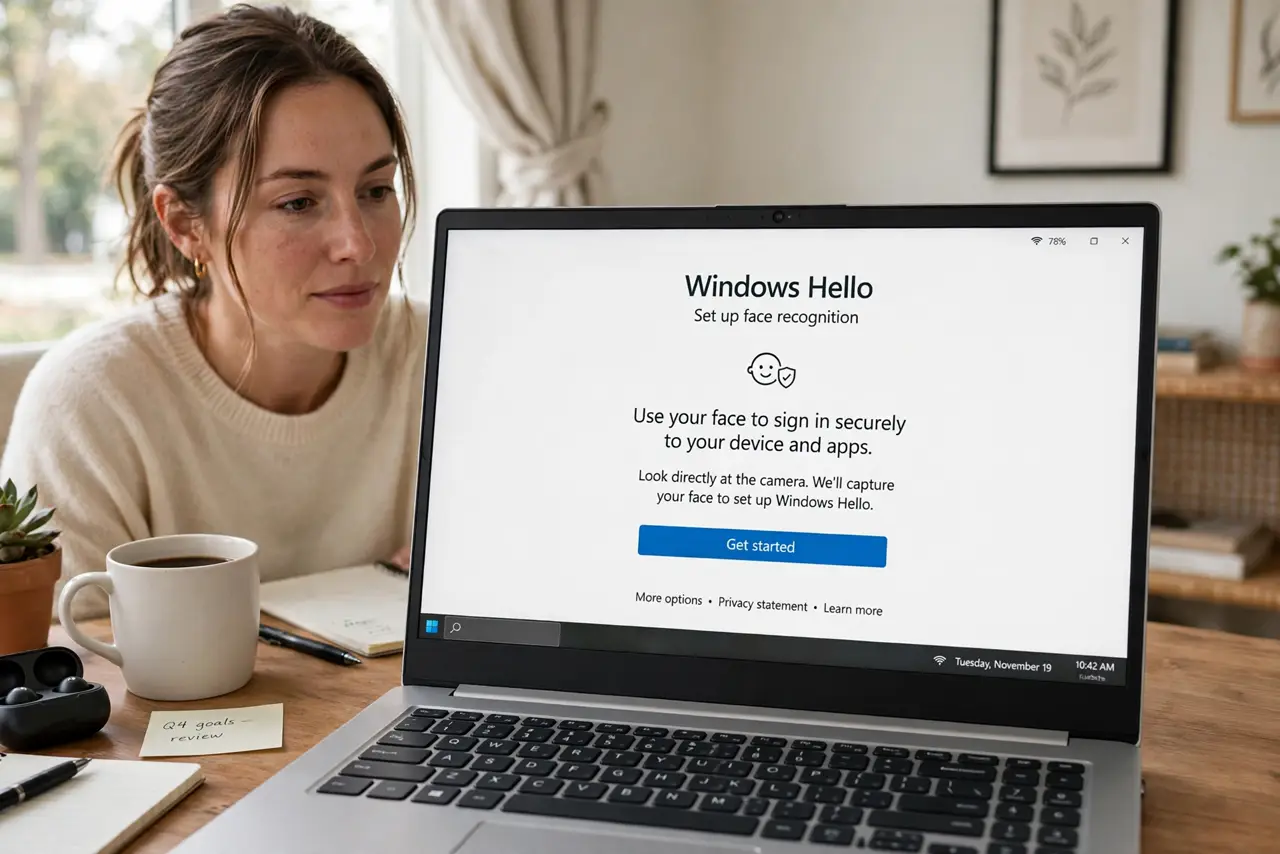 A person sitting in front of a real Windows laptop, the screen showing a legible Windows Hello face recognition setup, the person's face relaxed and looking at the.