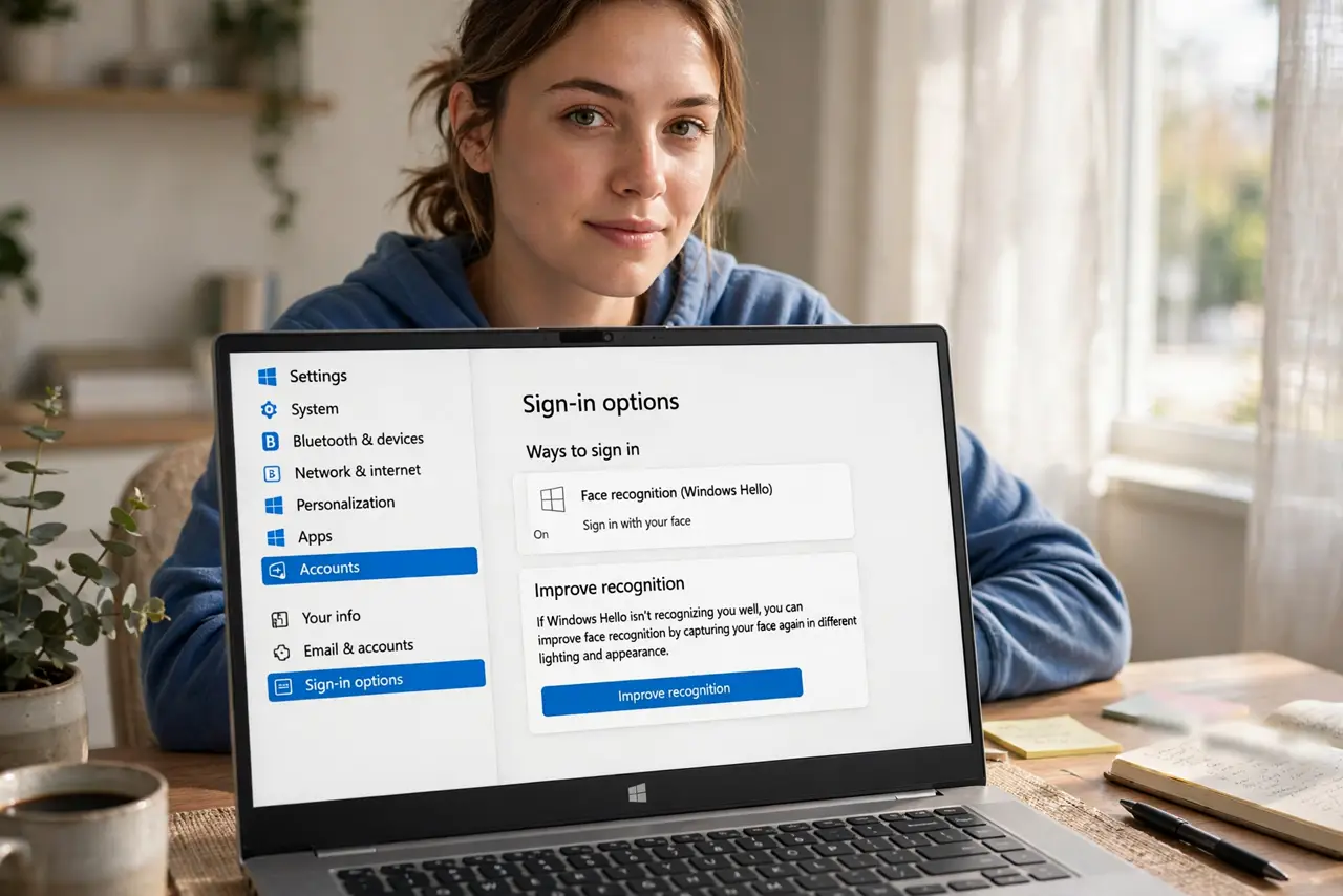 A person performing the first step: Improve recognition first. Settings > Accounts > Sign-in options > Face recognition.