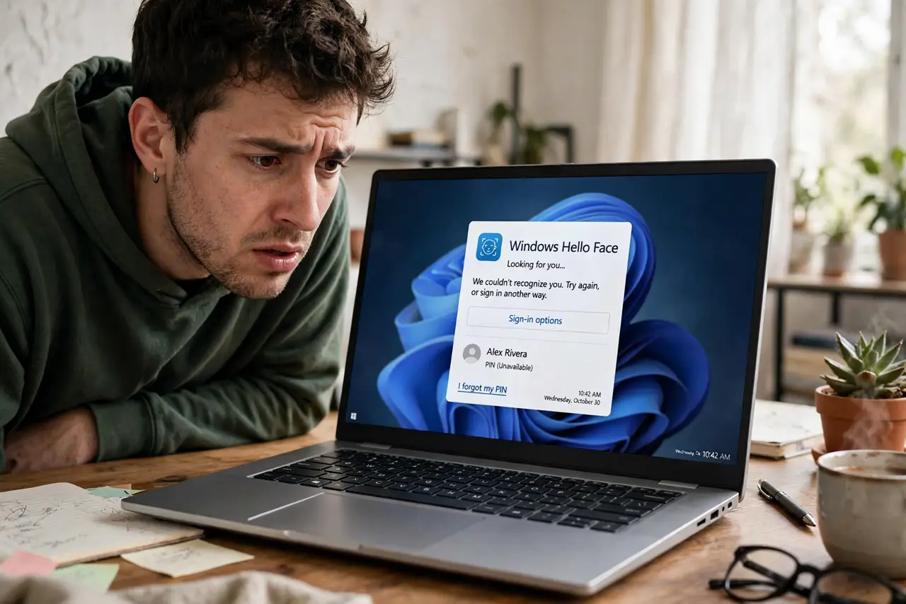 A frustrated person leaning toward a real Windows laptop, the sign-in screen with the face recognition prompt legible