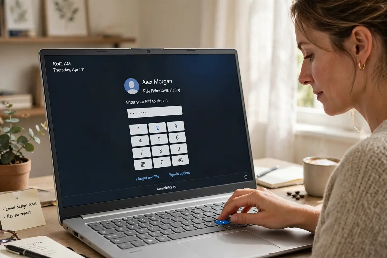 a person typing a PIN on a real Windows laptop login screen showing the PIN pad with legible numbers, the person's face relaxed, home office.