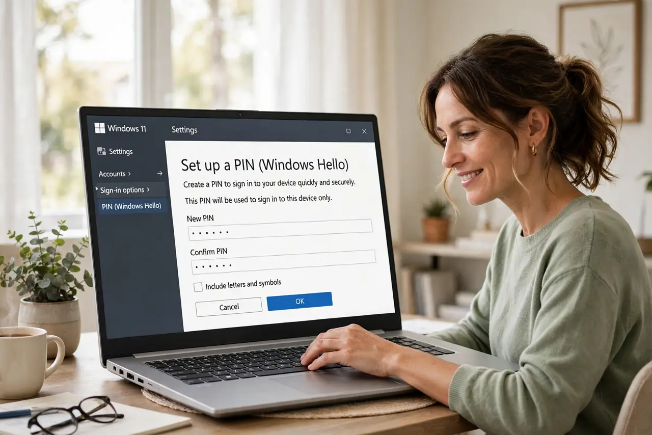 A person typing on a real Windows laptop showing the PIN setup screen with legible text, the person's face calm and satisfied, bright home office.