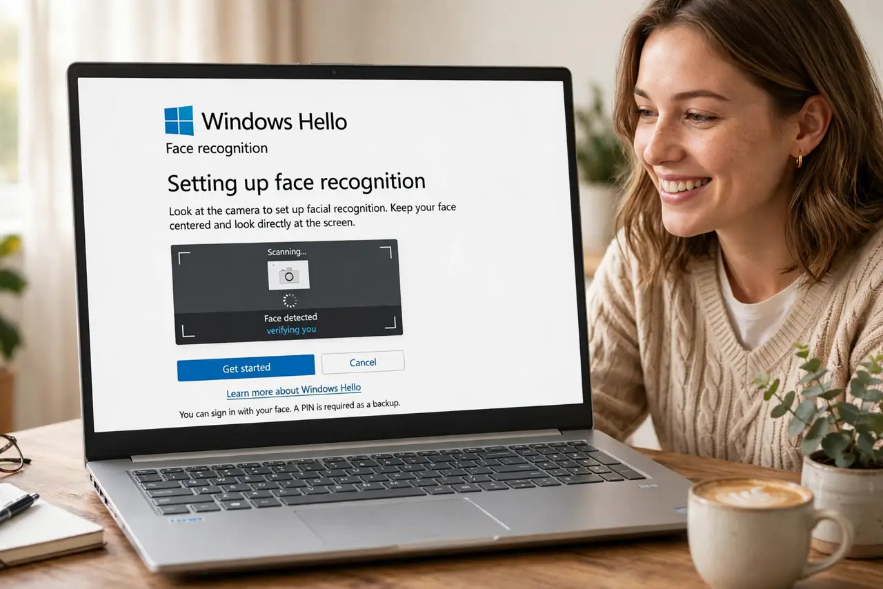 a person unlocking a real Windows laptop with face recognition, Hello setup screen with legible options, the person's face pleased, morning desk.