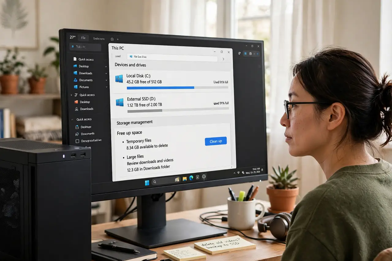A person viewing a real Windows File Explorer window with disk space details legible on screen, a desktop PC beside them, the person's face focused on freeing space,.