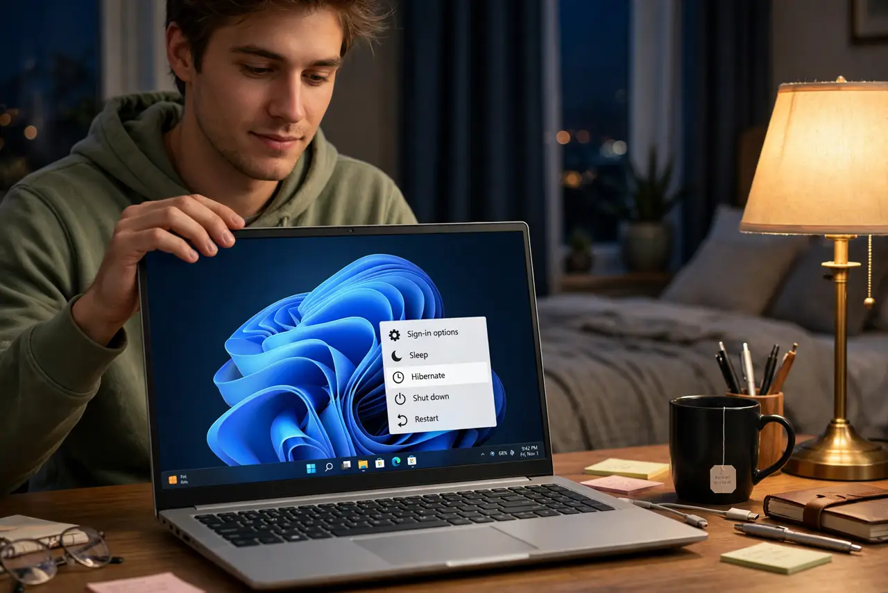 a person closing a real Windows laptop lid on a desk at night, the power menu on screen showing the Hibernate option legible, a bedside lamp glowing, the person's face relaxed, evening.