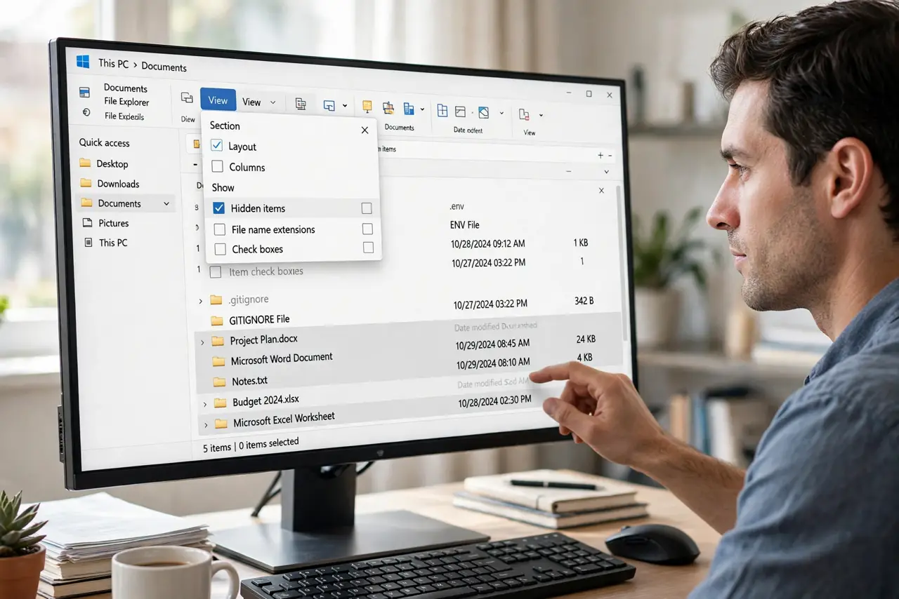 A person performing step 1: Use the View menu checkbox.
